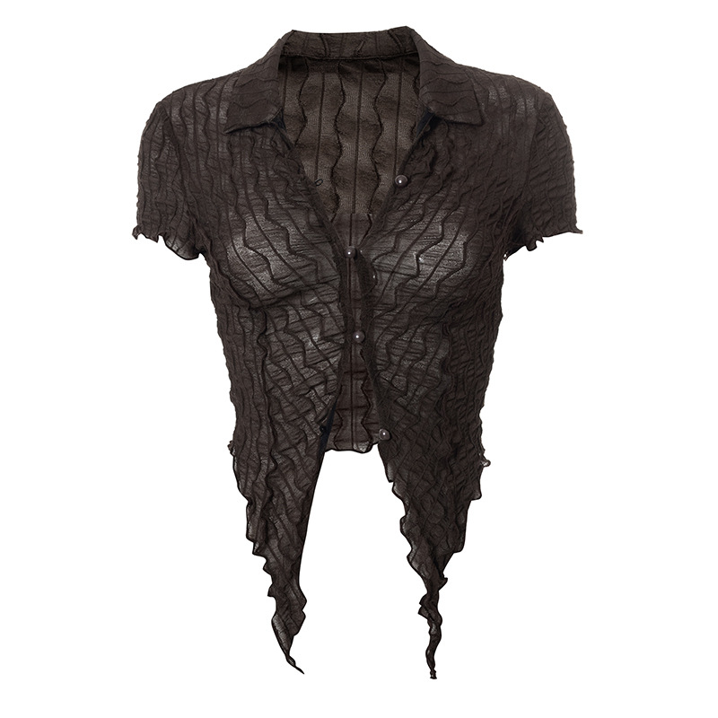 Solid Color Lapel Cardigan Short Sleeve Fungus Edge