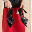 Women's Handmade Full-Grain Leather Ruffled Pointed-Toe Block Heel Sandals, 5cm Heel Ankle Strap Shoes With Pigskin Lining view 9