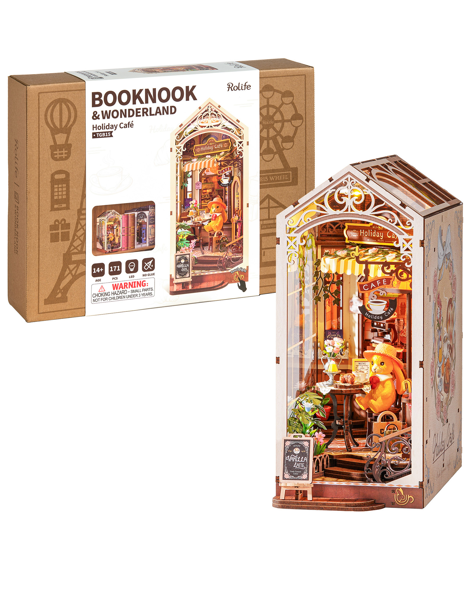 Rolife Holiday Cafe Reading Corner Set, DIY Mini House With Warm LED Lights, Glue-Free Assembly, Bookshelf Decoration, Creative Gift For Adults