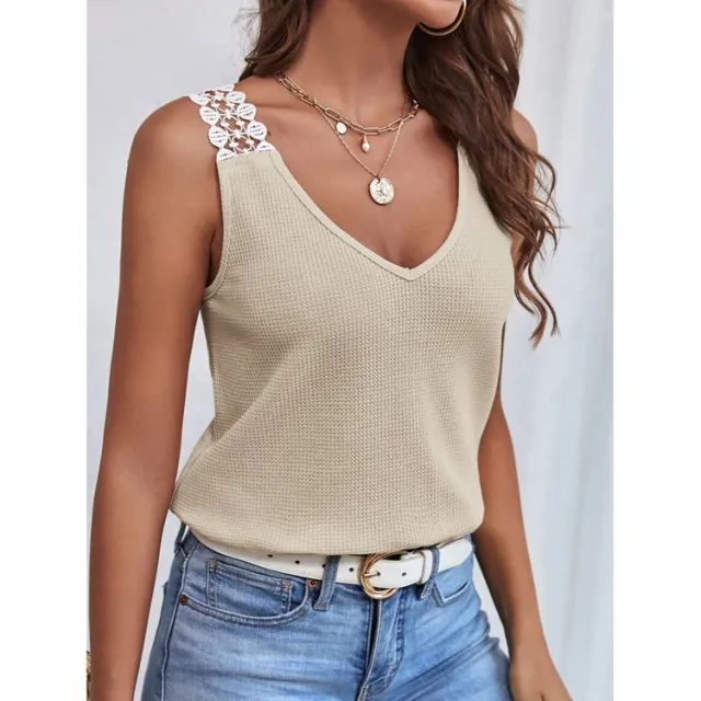 Waffle V Neck Vest Sleeveless Lace Tank Shirt Tops Summer Apricot - Shop at LoveMi