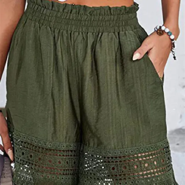 Ladies Casual Loose Solid Color Patchwork Elastic Waist Shorts Army Green - Shop at LoveMi