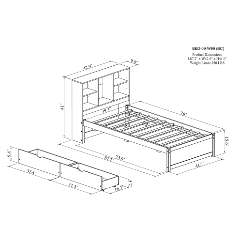 Modern Twin Size Bed Frame With Built-in USB Port On Bookcas view 7