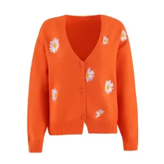 Women's Single Breasted Sweater Chrysanthemum Embroidered Cardigans Coat Clothes - Orange - View 1