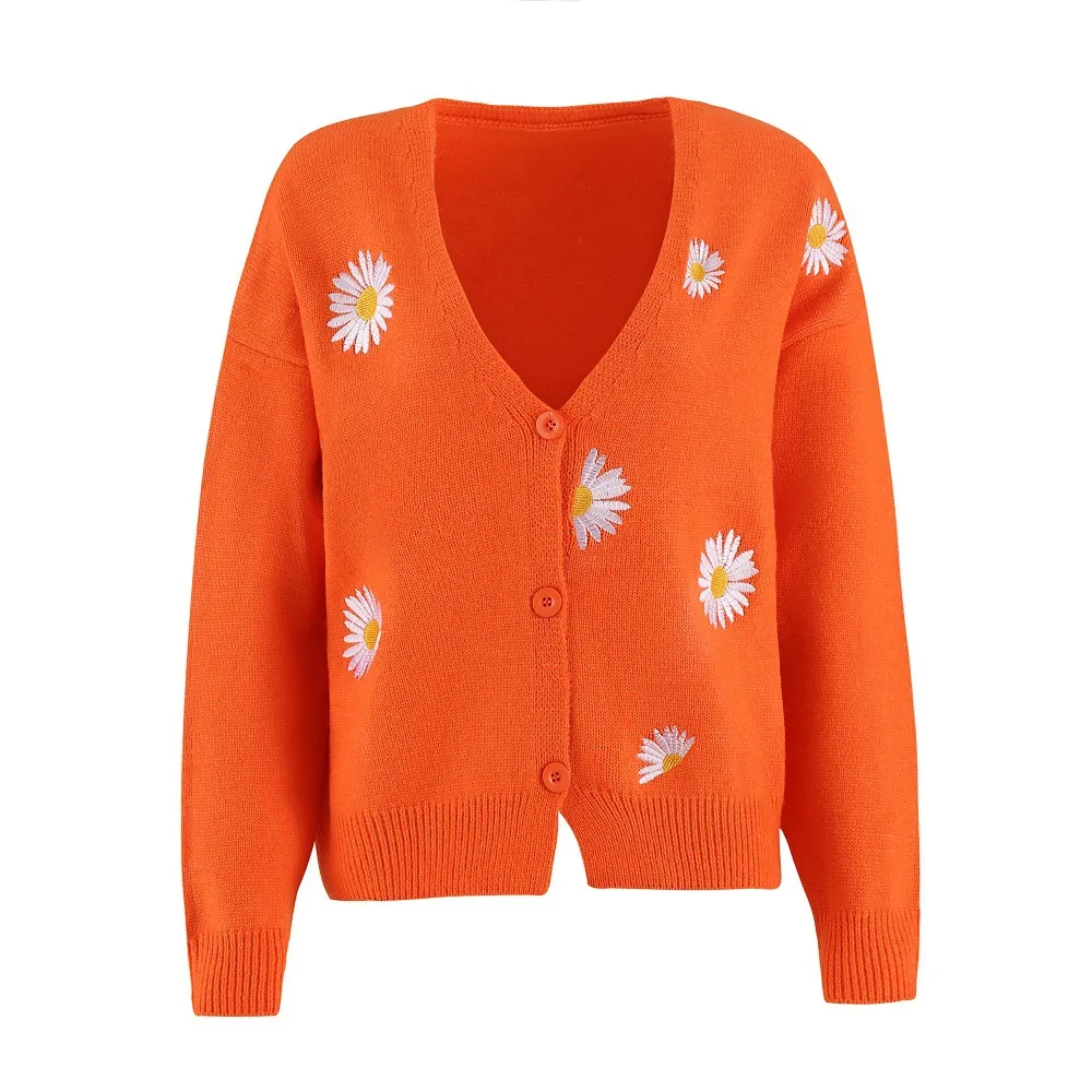 Women's Single Breasted Sweater Chrysanthemum Embroidered Cardigans Coat Clothes - Orange