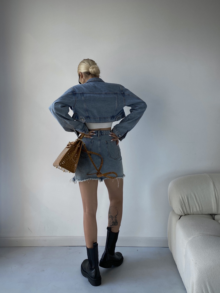 Women's Short Denim Jacket High Waist Slim Skirt Two Piece Suit - Image 6