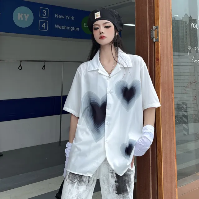 Gradient Love Print Short Sleeve Shirt White - Shop at LoveMi