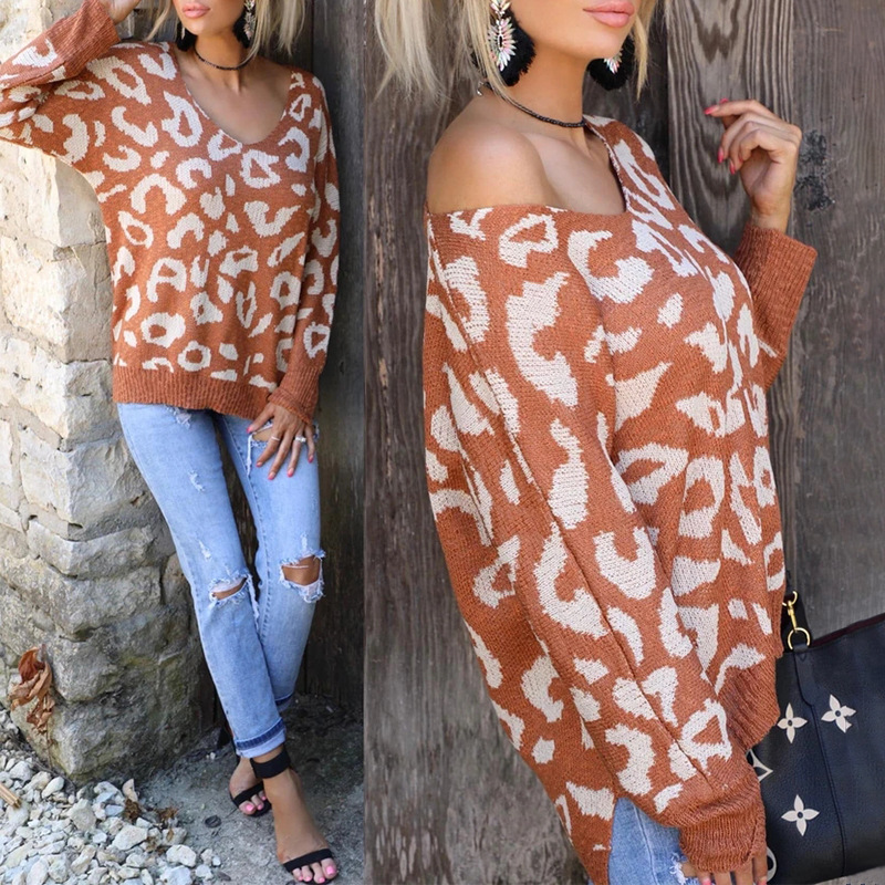 Leopard Print Long-Sleeved Round Neck Casual Loose Sweater Sweater