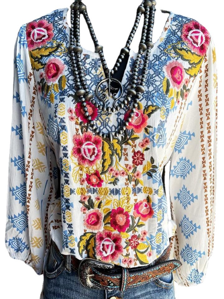 Ladies Retro Style V-neck Temperament Commuter Long Sleeves