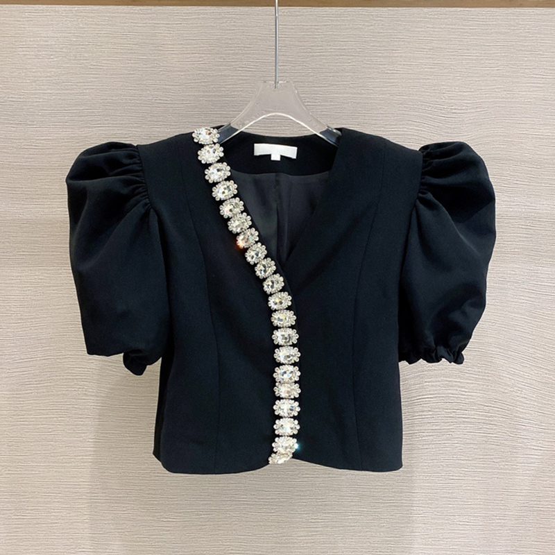 Sweet Beaded Design Niche Bubble Short-sleeved Shirt