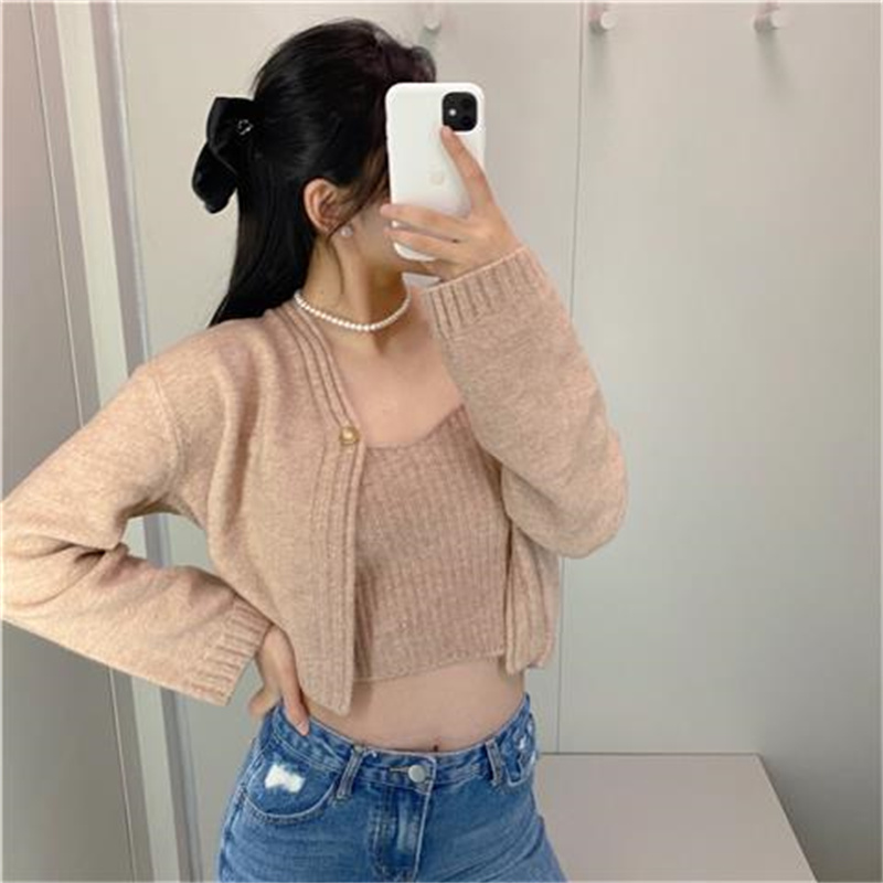 Women's Lazy Sling Knitted Cardigan Jacket Solid Color Two-piece Suit