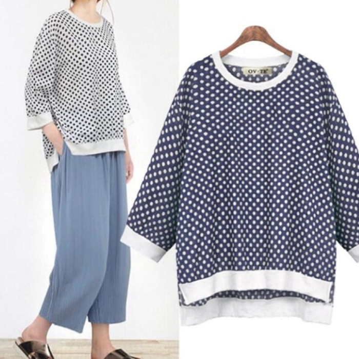 Sweater Polka Dot Round Neck Three Quarter Sleeve Top T-shirt