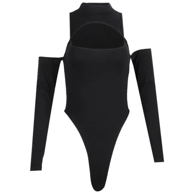 Round Neck All match Off the shoulder High slit Bodysuit Black - Shop at LoveMi