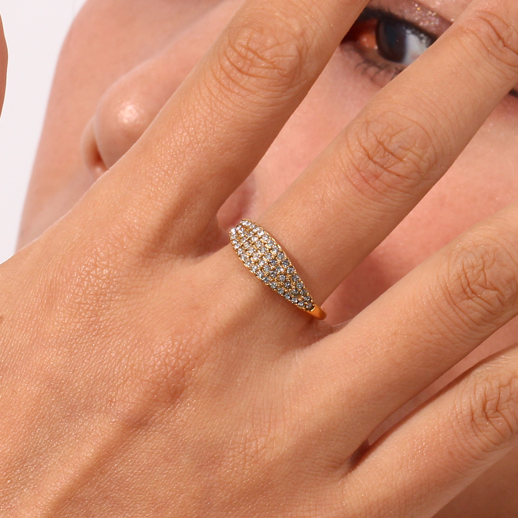 Stainless Steel Diagonal Striped Zircon Rectangular Ring