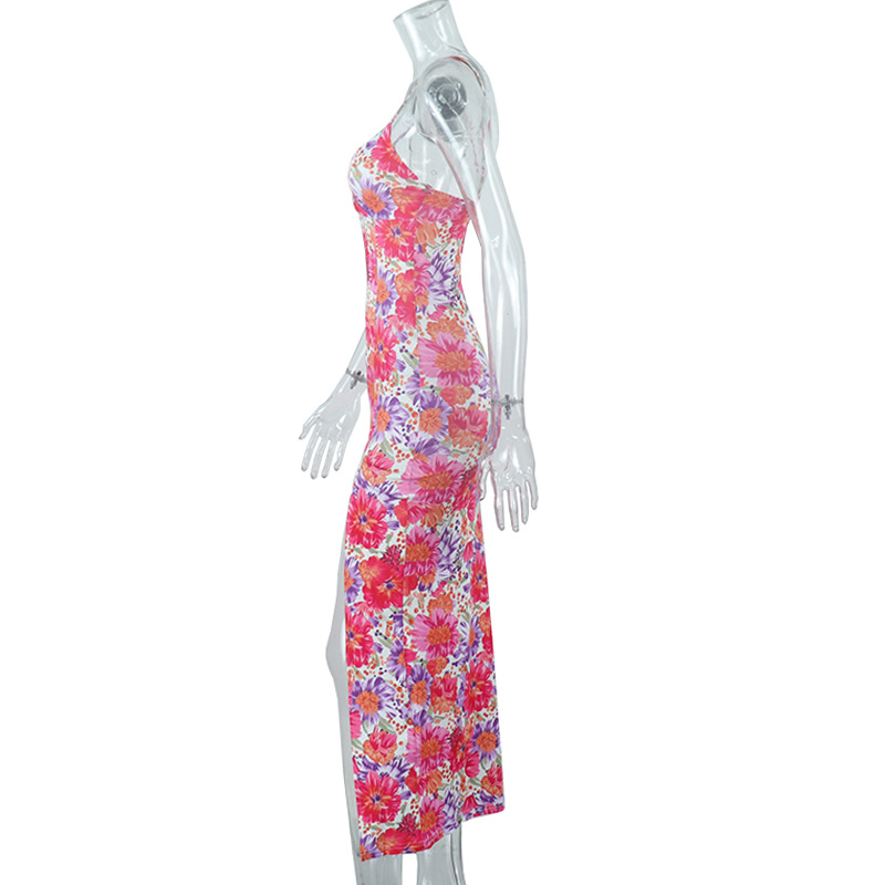 Digital Printed V-neck Suspender Dress With Long Split Suspender