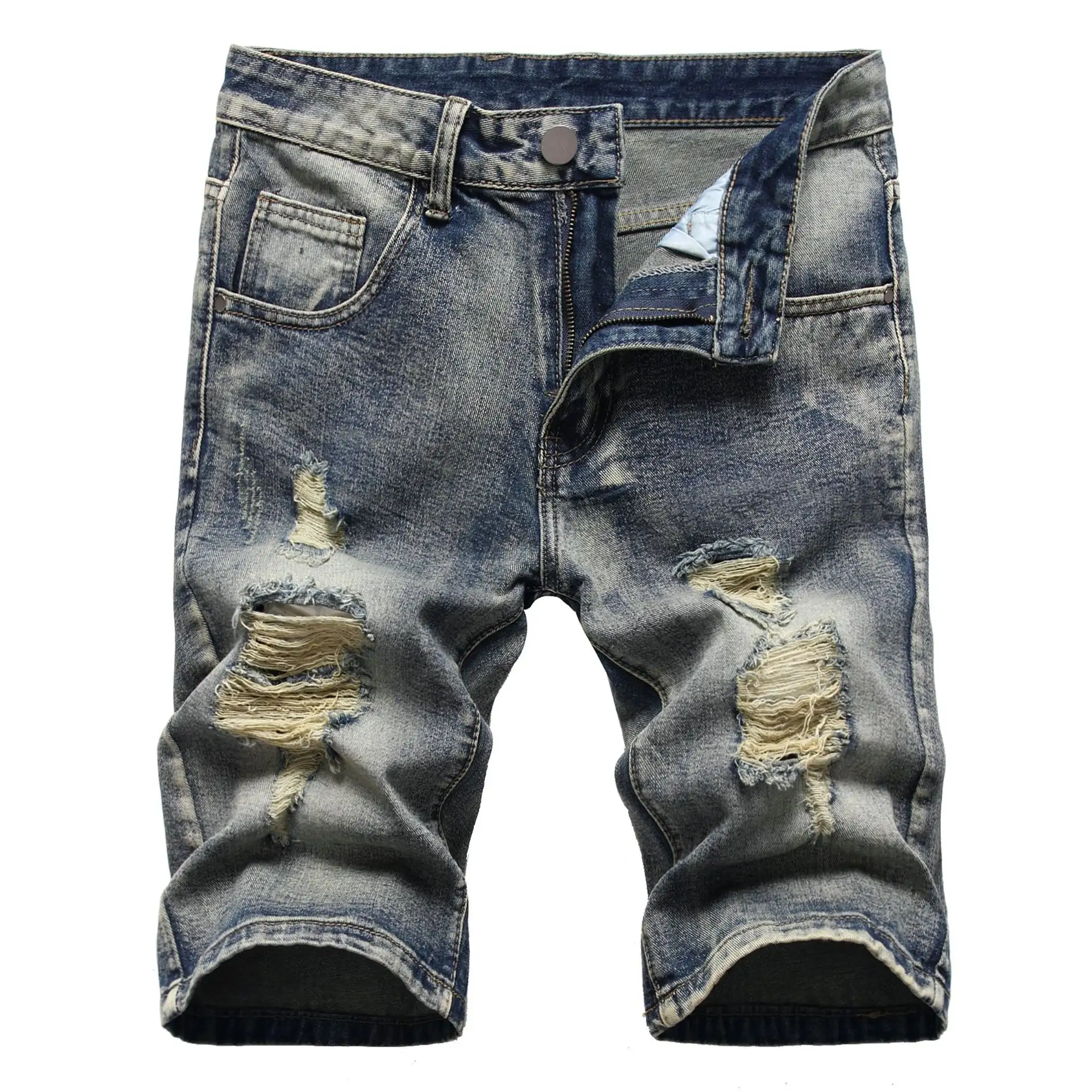 European And American Men's Denim Shorts With Holes