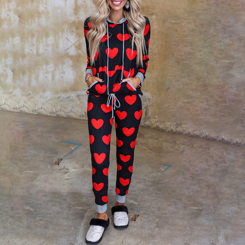 Love Printed Long-Sleeved Hooded Casual Suit