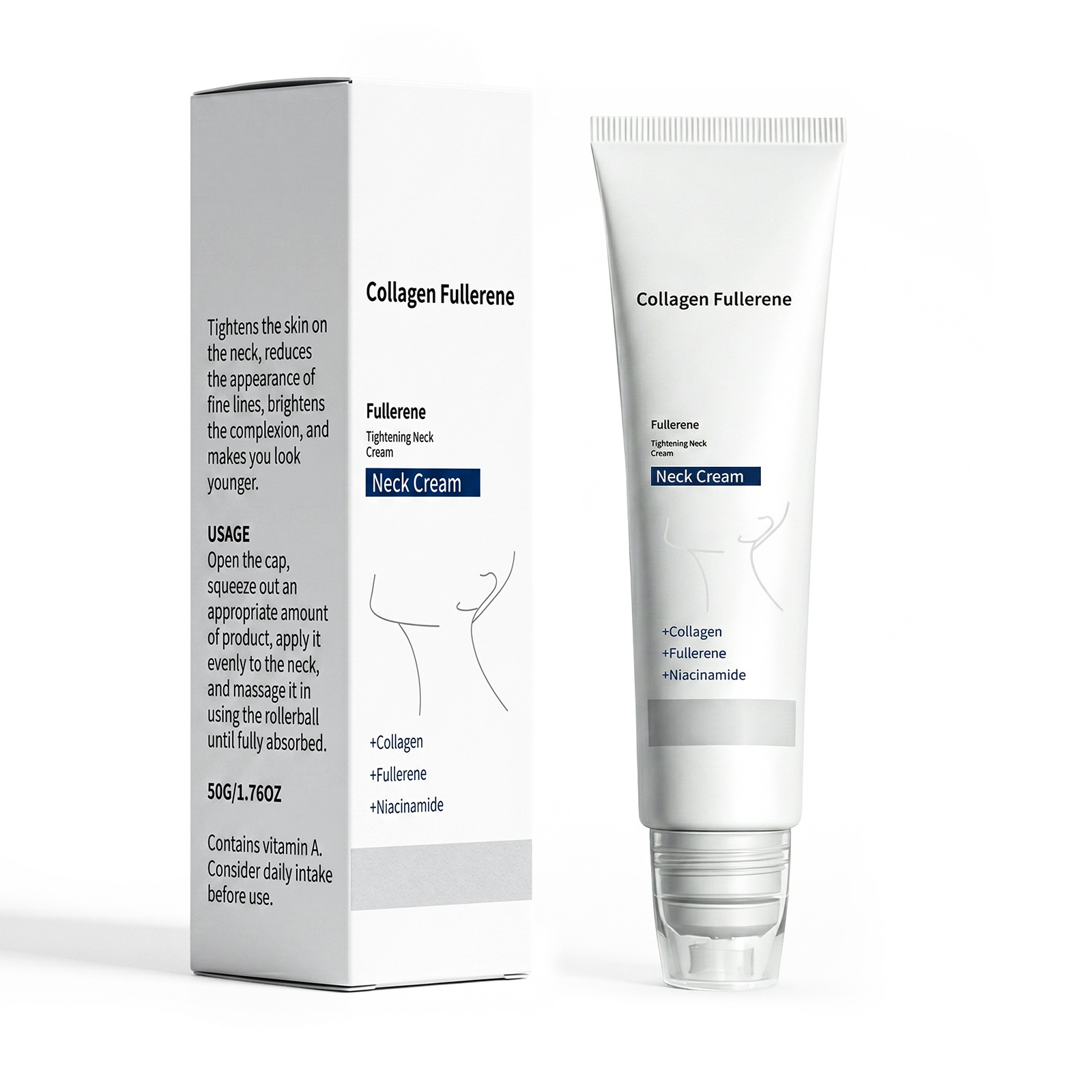 Collagen Fullerene Neck Cream With Roller Massager, Anti-Aging Neck Firming Cream, Reduces Wrinkles & Double Chin, 50g
