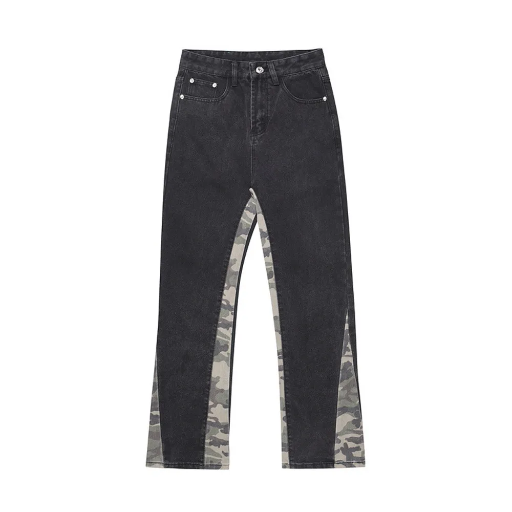 High Street Fashion Brand Washed And Distressed Retro Camouflage Pants - Black