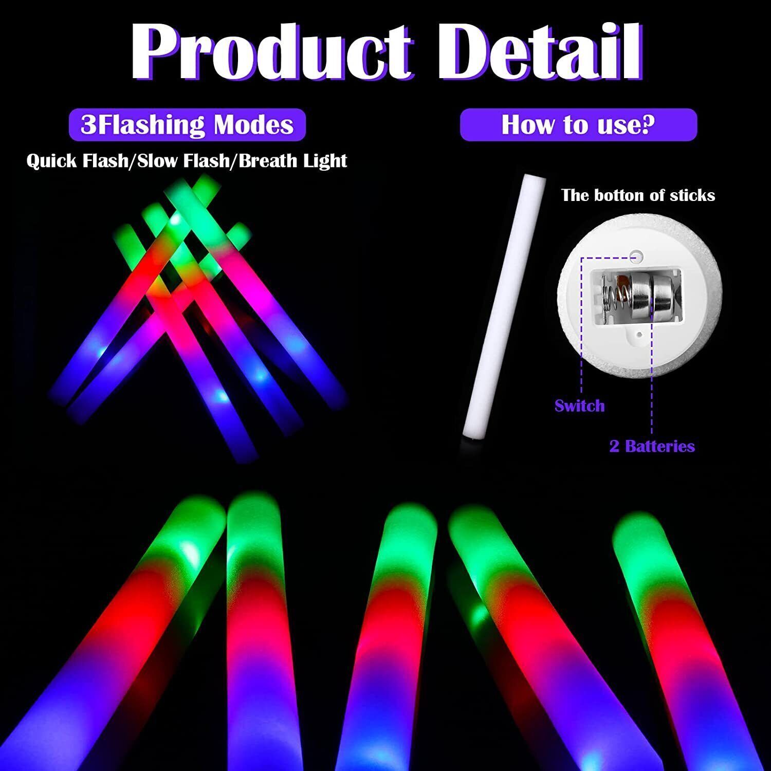 LED Foam Sticks Flashing MultiColor Glow In Dark White Batons Light Concert 12