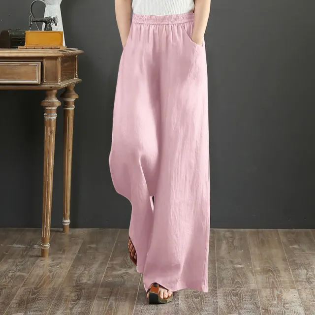 Pure Linen Korean Wide Leg Pants Women Loose Rope Pink - Shop at LoveMi