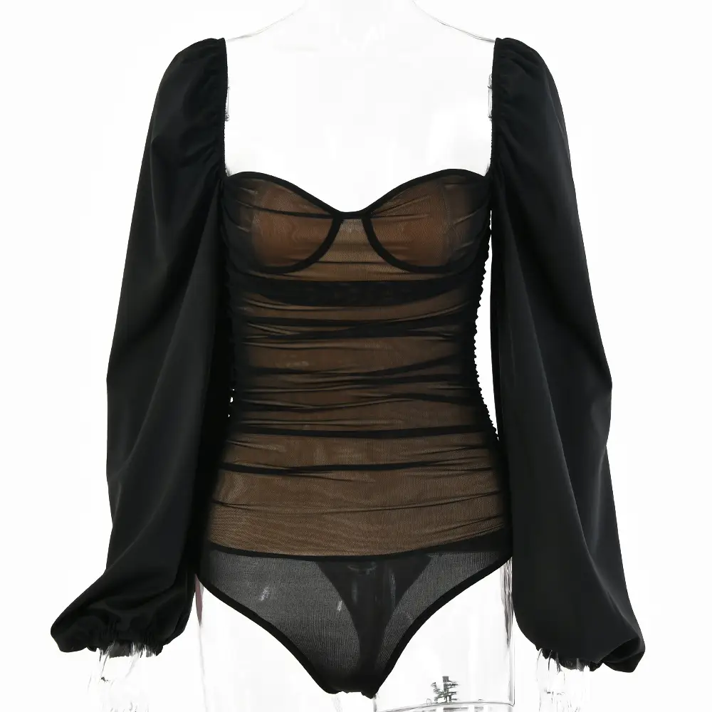 New Style Temperament Jumpsuit Sexy Pleated Black Mesh Long-sleeved Top