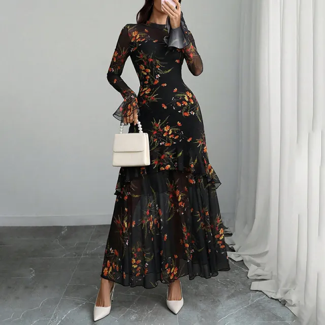 Women's Floral Print Maxi Dress, Sheer Mesh Flare Sleeve With Tiered Ruffle, Romantic Boho Casual Long Dress Black - Shop at LoveMi