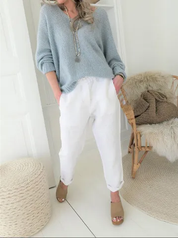Cotton And Linen Elastic High waist Straight leg Trousers White - Shop at LoveMi