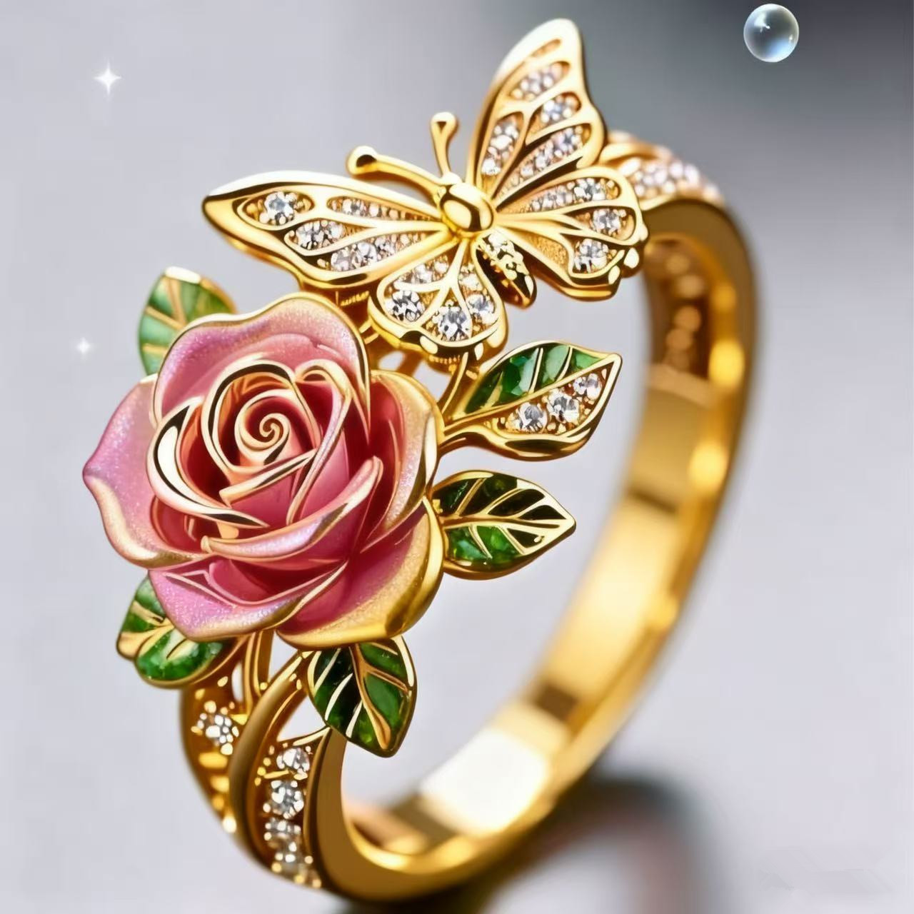 Flower Oil Dripping Open Ring, Alloy Butterfly Diamond Ring For Women thumbnail 3