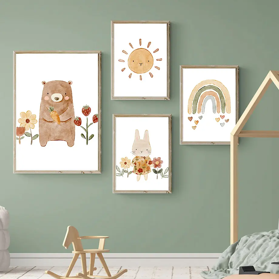 Bohemian Style Cartoon Bear Rabbit Alpaca Rainbow
