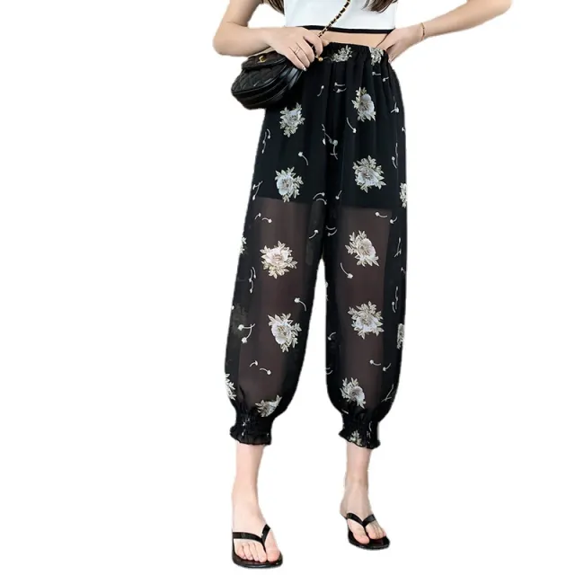Ice Silk Chiffon Harem Pants Women's Casual Print Black - Shop at LoveMi