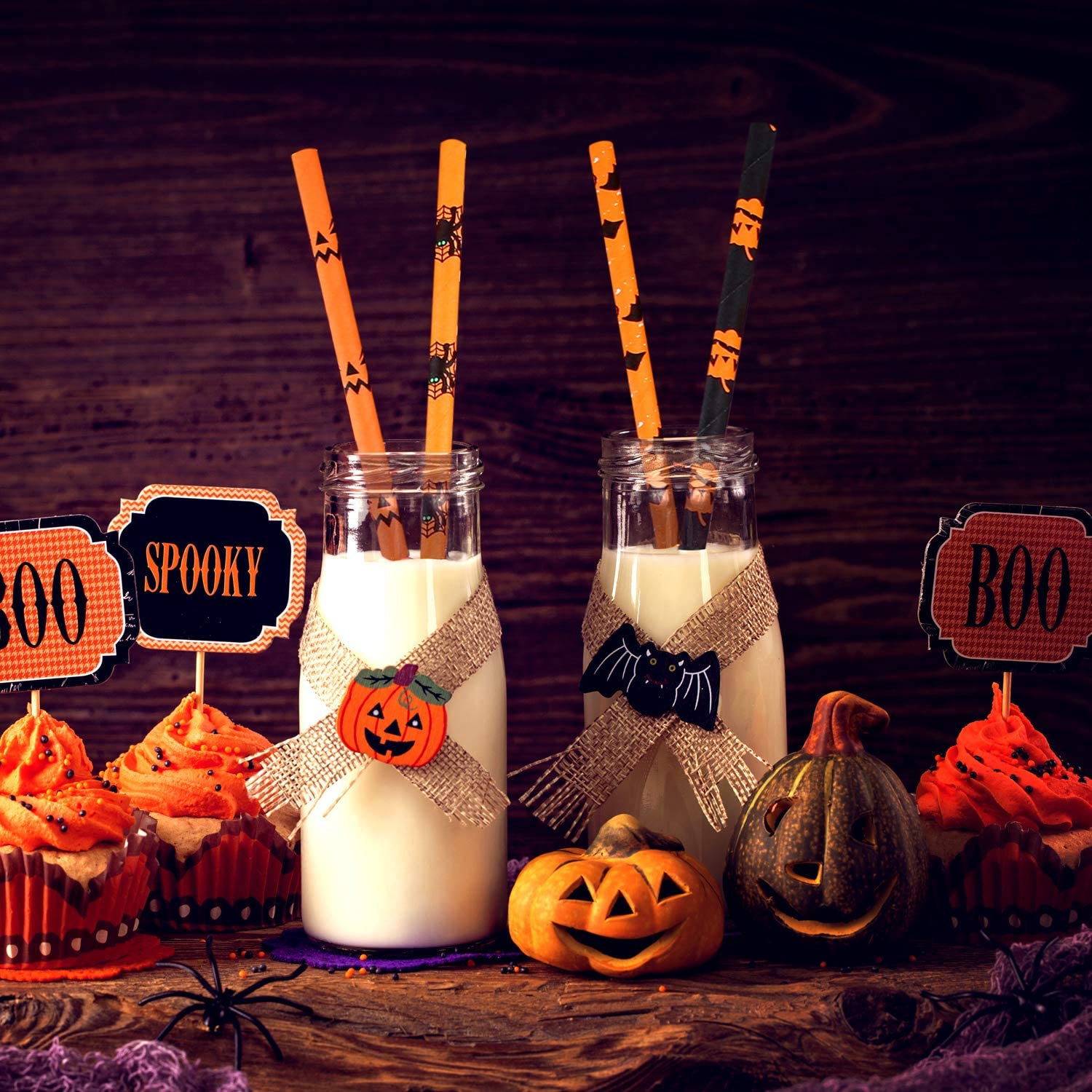 Pailles en papier biodégradables pour boisson d’Halloween – imprimé léopard, 20 pailles et 2 brosses