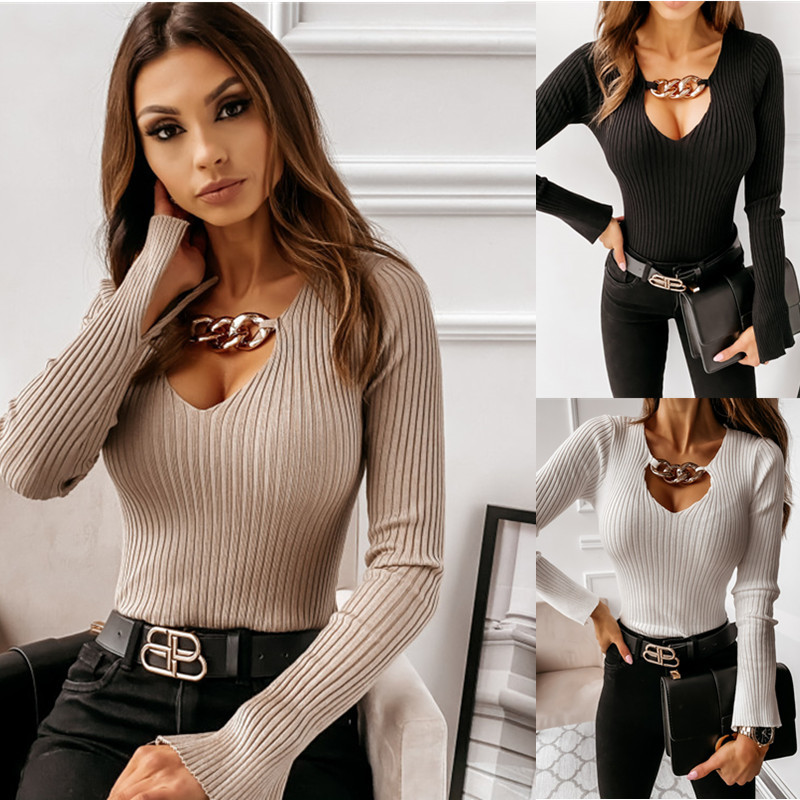 Title 3, V-neck chain embellished sexy long sleeve blouse