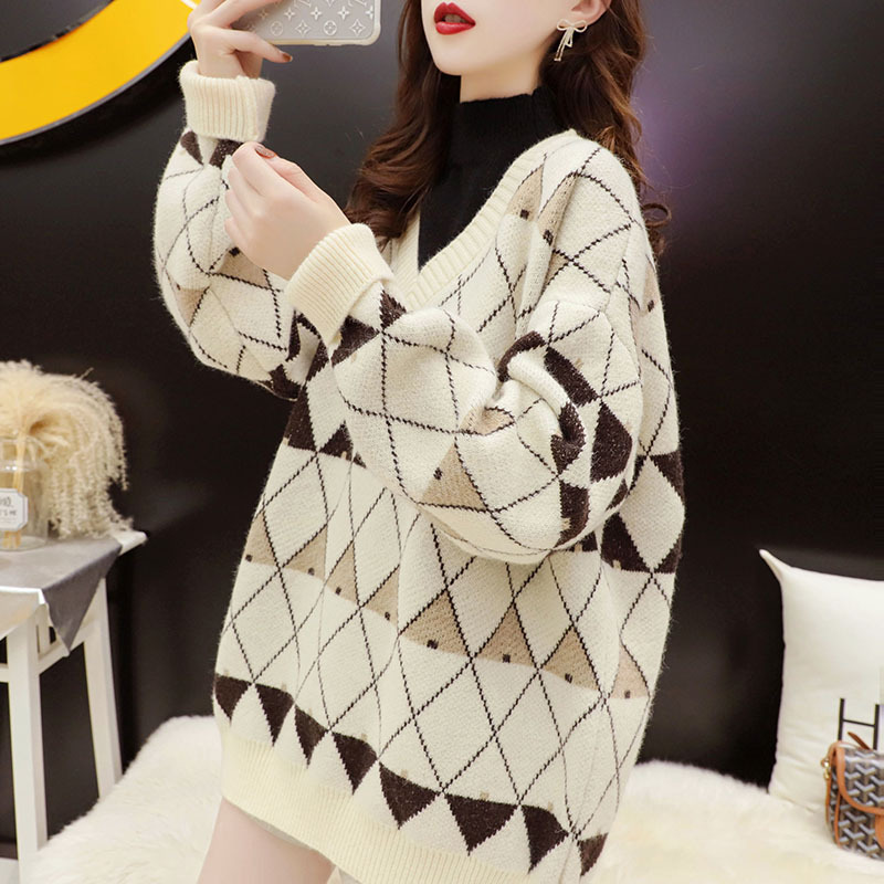 New Lazy Style Fake Two piece Plaid Half Turtleneck Sweater Women Beige - Shop at LoveMi