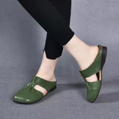 Soft Leather Bottom Square Bow Women's Slippers - Green - View 1