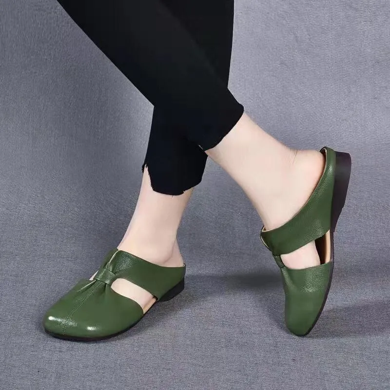 Soft Leather Bottom Square Bow Women's Slippers - Green