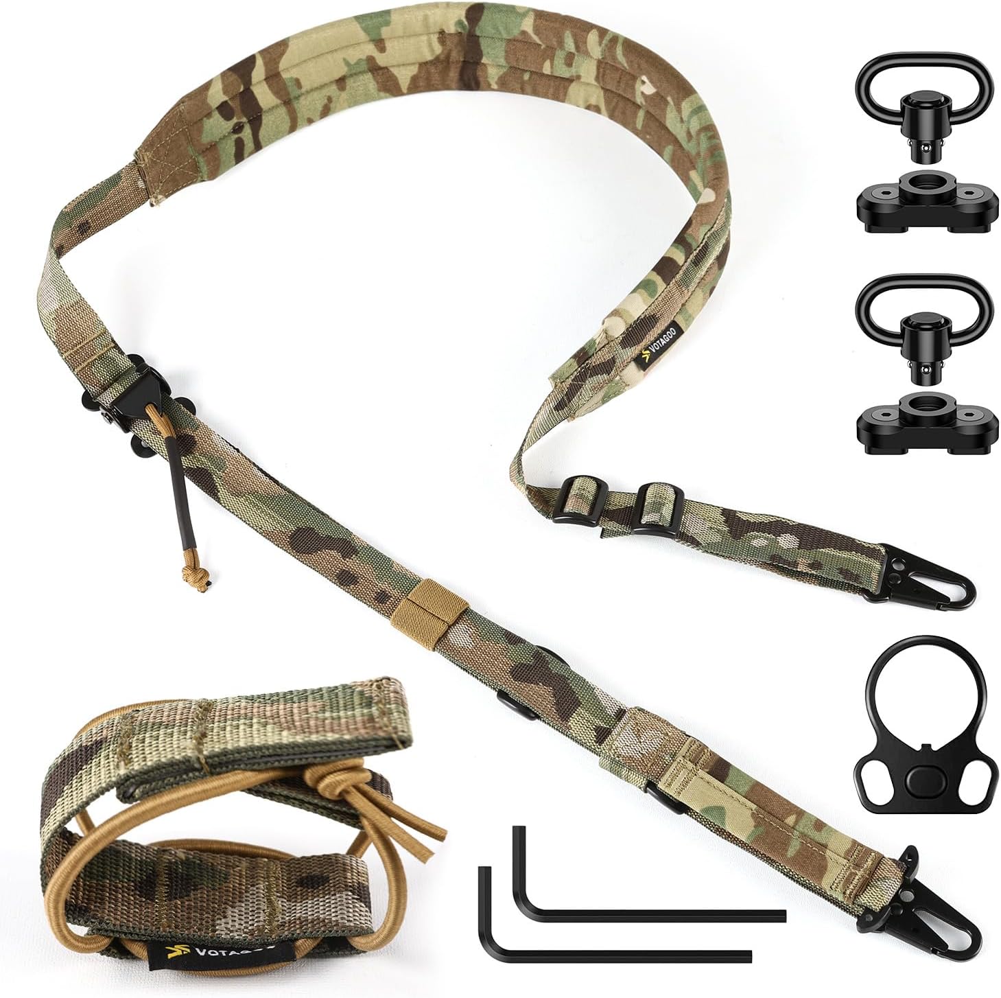 Quick Adjust 2 Point Gun Sling. Multi-Option Install & Sling Management: This rifle sling comes with 2 QD swivels and 2 HK HOOK and a sling management retention device and a sling ring. The sling swivels allow for easy installation to the barrel and butts