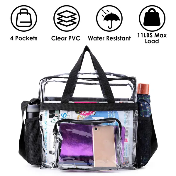 Clear Tote Bag -4-Pocket 0.4 Mm PVC Crossbody,Handbag, Adjustable Strap, Holds 11 Lbs, Waterproof & Cold-Crack Resistant, Perfect For Concerts, Spo...