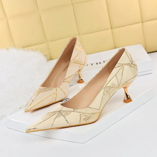 Metal Heel Fabric Upper Shallow Pointed Toe Slim Heels Apricot - Shop at LoveMi
