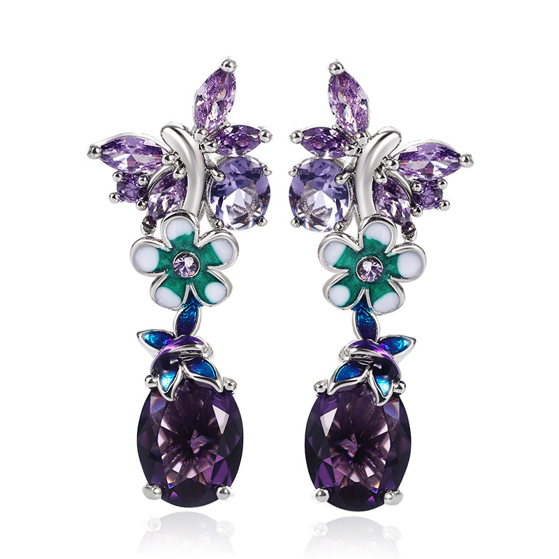 Oval Purple Zircon Flower Earrings Butterfly Ladies Earrings