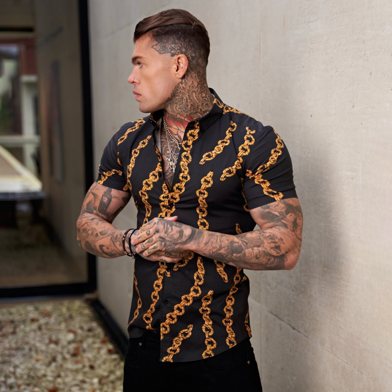 European And American Men's Summer Slim Fashion Stretch 3D Printing Lapel Short Sleeves