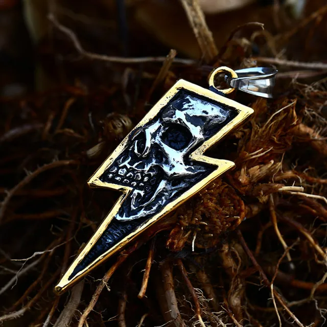 Retro Punk Lightning Skull Titanium Steel Pendant Golden - Shop at LoveMi