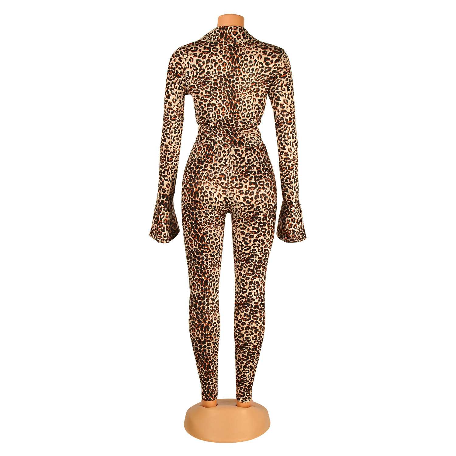 Sexy Autumn Tight-Fitting Long-Sleeved Leopard Print Two-Piece Suit