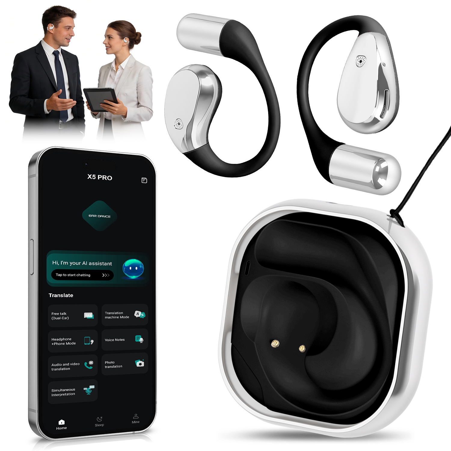 Open-Ear AI Translation Earbuds 165 Language Real Time AI Headphone Wireless 6.0 Translating Earbuds With 360 Degree Rotating Charging Case Lanyard For Travel Meetings Language Learning