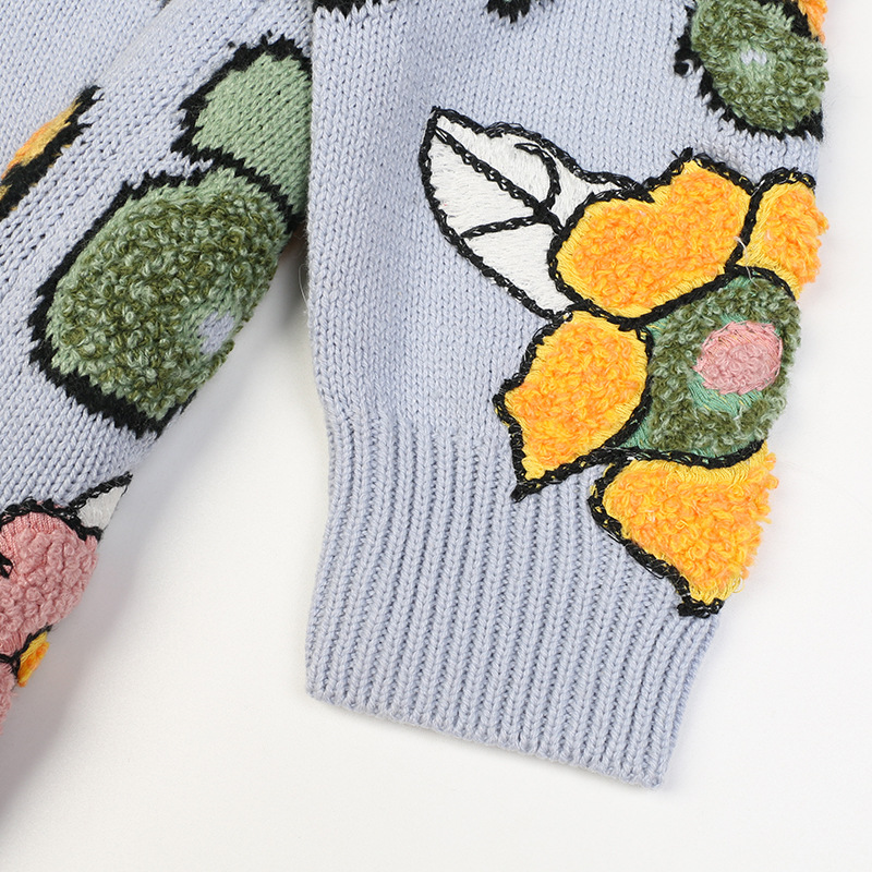 Knitted Women Floral Sweater Long Sleeve Knitwear Casual Loose Outwear Female Jacquard Tops