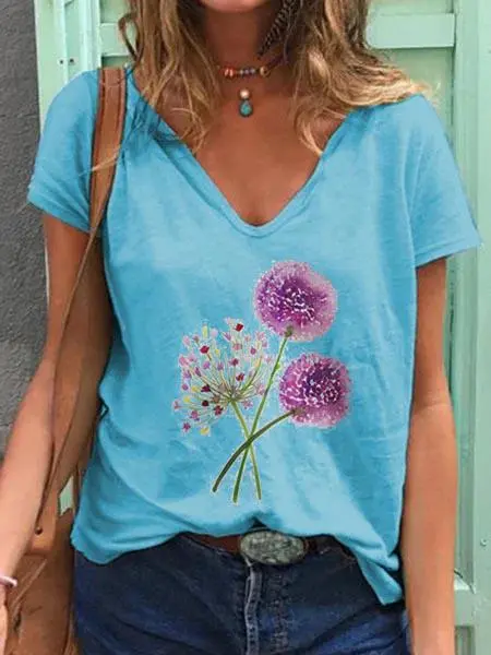 Dandelion Print Short sleeved V neck T shirt Blue - Shop at LoveMi