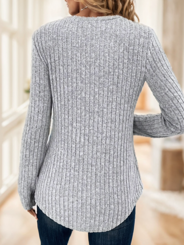 Ribbed Botton V Neck T-Shirt - Elegant Long Sleeve T-Shirt For Spring