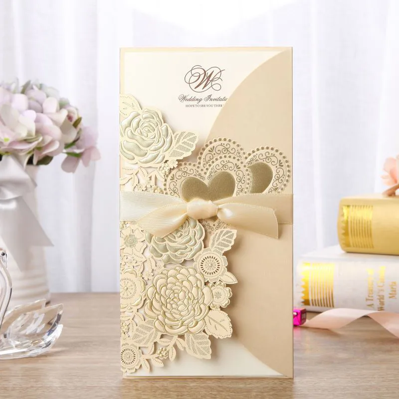 Vertical Ribbon Wedding Invitation Invitation - Gold