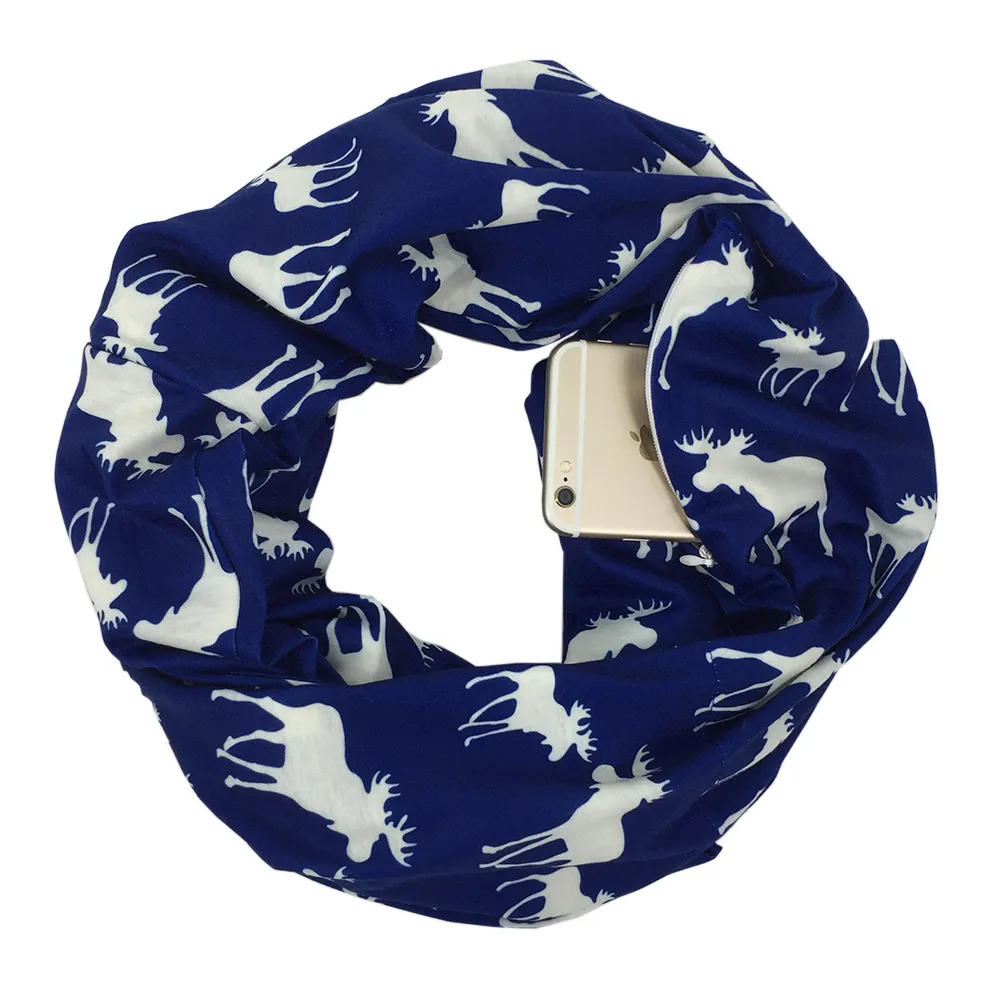 Christmas Themed Elk Print Zipper Pocket Scarf - Blue
