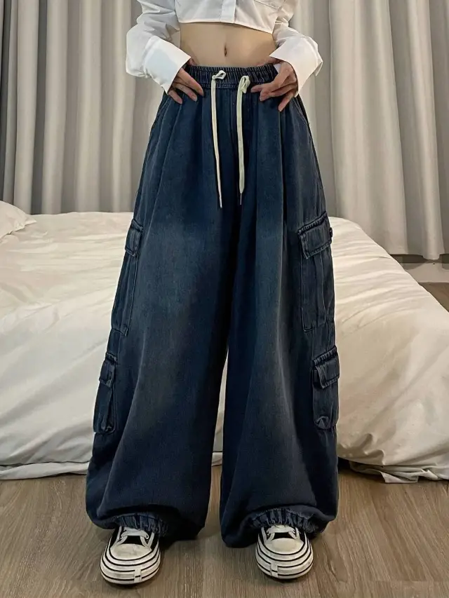 Jeans Tooling Loose Wide Leg Pants Women Blue - Shop at LoveMi