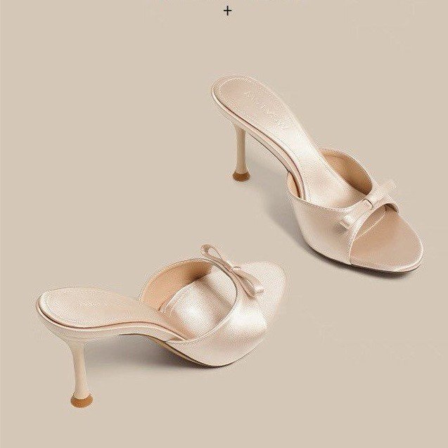 Female High-heeled Cool Mop Bow Large Size Silk Thin Heel Cool Mop New French... 3